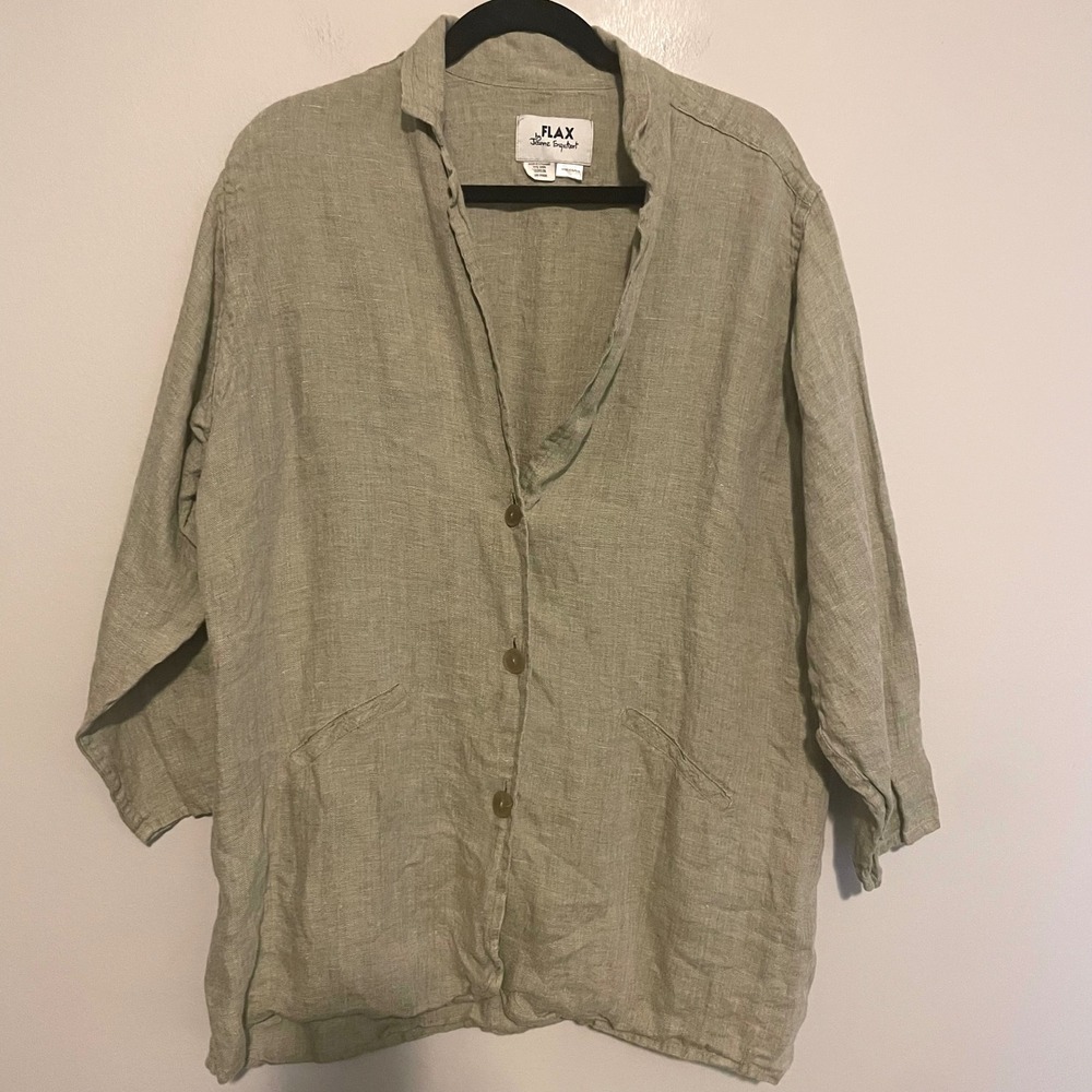 Flax linen button down oversized shirt cover up green M minimalist lagenlook